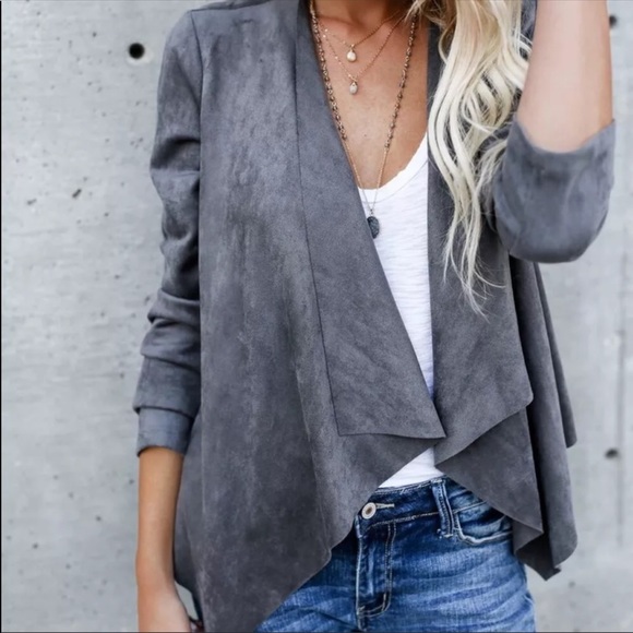 RESTOCKING SOON! Faux Suede Grey Open Cardigan - Picture 3 of 8